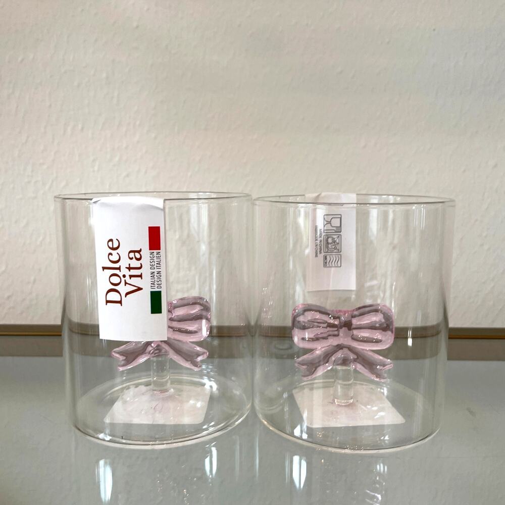 Dolce Vita Clear Glass Tumbler with Pink Bow Inside Set of 2 NEW